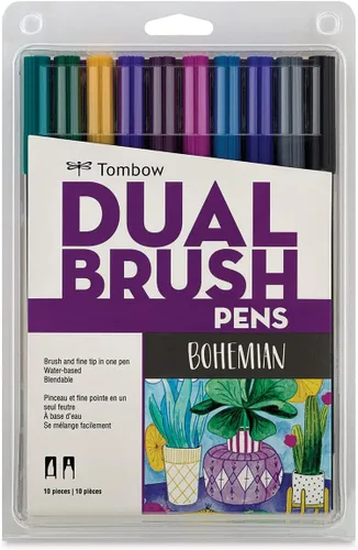 Tombow 56218 Marcadores artísticos de doble pincel, bohemios, paquete de 10. Marcadores mezclables, con pincel y punta fina