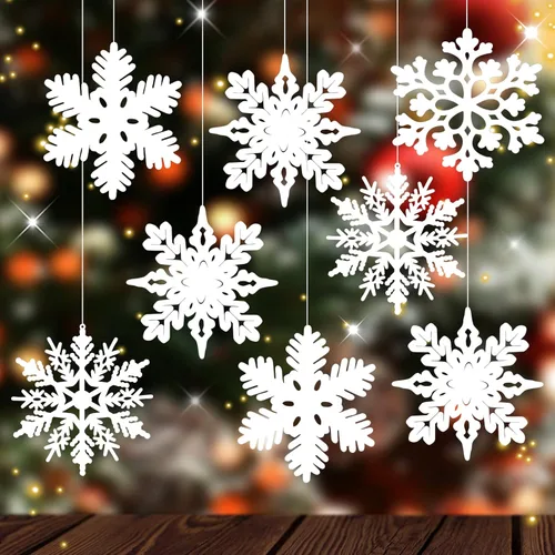 Miniatura 8 de MIAHART Paquete de 40 adornos de copos de nieve plateados de Navidad de 4 pulgadas, adornos de copos de nieve de plástico plateado con purpurina