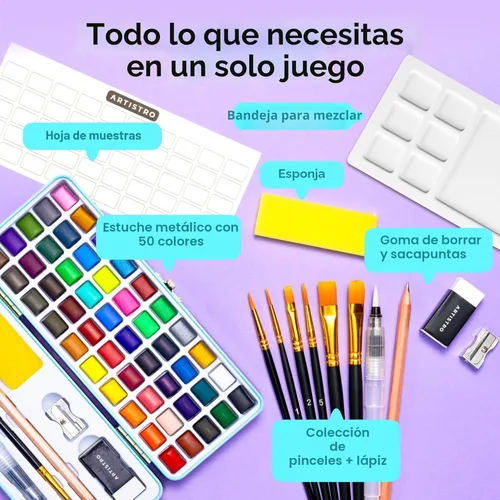 Miniatura 2 de ARTISTRO Juego de pintura de acuarela de 50 colores, kit de arte de pintura portátil con paleta y bolígrafos de pincel, juego de acuarela de viaje