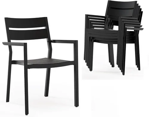Miniatura 31 de Pellebant Juego de 2 sillas de comedor apilables para exteriores, sillas de patio de aluminio con brazos, para todo tipo de clima, para jardín, Negro
