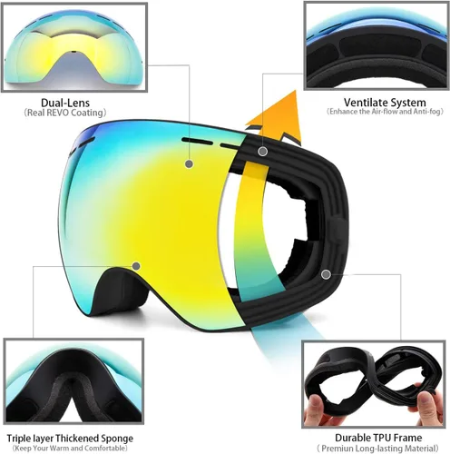 Miniatura 5 de Juli - Gafas de esquí para niños, lentes esféricas intercambiables de doble capa, gafas de nieve OTG antivaho para snowboard y patinaje de 4 a 16