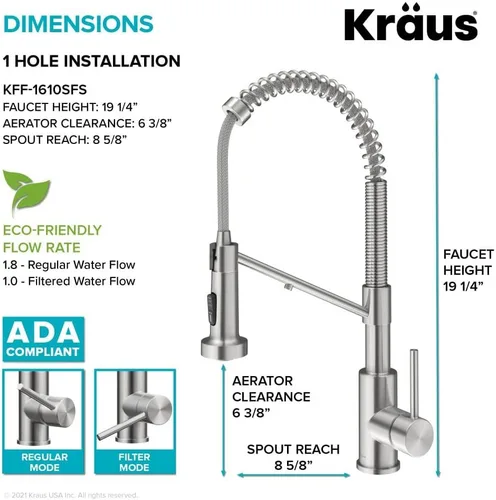Miniatura 6 de Kraus Bolden 2-en-1 Grifo de cocina de estilo comercial con filtro de agua monomando extraíble para ósmosis inversa o sistema de filtración de agua