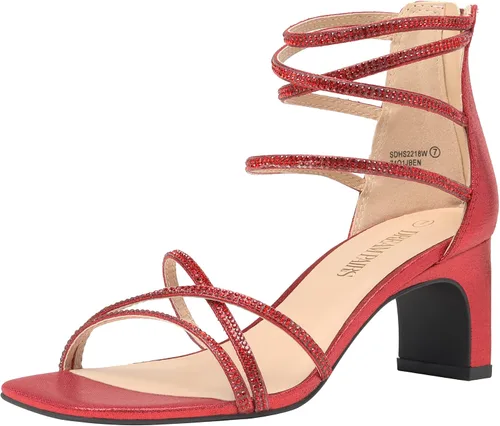 DREAM PAIRS Tacones negros para mujer, tacón bajo con diamantes de imitación gruesos, puntera abierta, sandalias de vestir para novia, boda, fiesta,