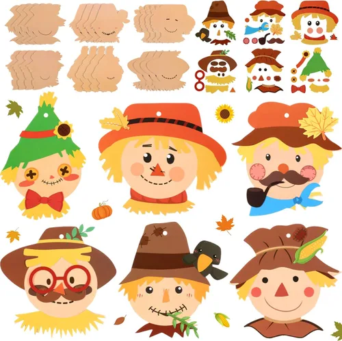 Yexiya Juego de 24 piezas de manualidades con cabeza de espantapájaros para otoño, adornos surtidos para niños, regalos de arte, proyectos de Acción