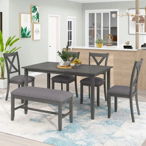 Miniatura 10 de LUMISOL Juego de mesa de comedor de 6 piezas, mesa de comedor rectangular de 60 pulgadas con sillas tapizadas y banco, juego de mesa de cocina