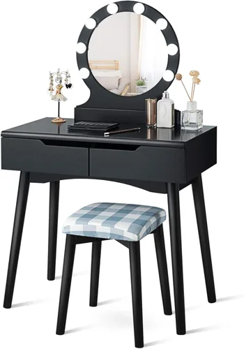 Miniatura 2 de Set de mesa de tocador Giantex con 8 bombillas y interruptor táctil, mesa de maquillaje para niñas princesa con espejo redondo grande, 2 cajones