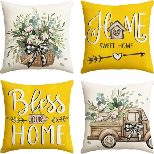 Miniatura 8 de AVOIN colorlife - Fundas de cojín estilo granja con mensaje Bless Our Home, diseño de hojas de eucalipto y camión azul Home Sweet Home, 16 x 16