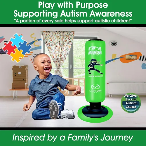 Miniatura 9 de Marwan Sports Ninja Inflatable Punching Bag for Kids 4-12, Indoor Active Play for Sensory Seekers & High-Energy Kids, 63" 5-in-1: Gloves, Manual