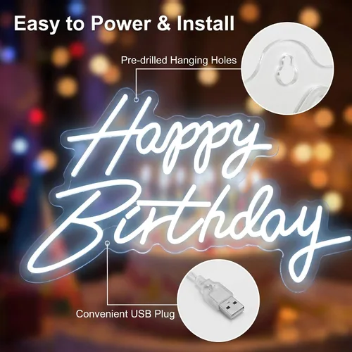Miniatura 8 de Letrero de neón de feliz cumpleaños, letrero LED acrílico, letras iluminadas, letreros LED de neón para decoración de pared, telón de fondo