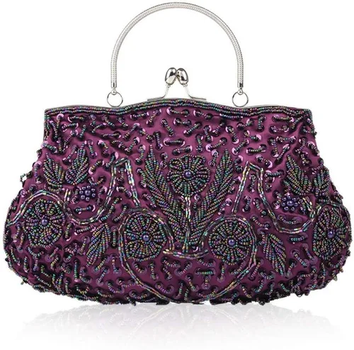 Bolso de mano de noche con cuentas vintage para mujer, diseño vintage, lentejuelas, floral, asa superior, bolso de fiesta, boda, cartera, Púrpura