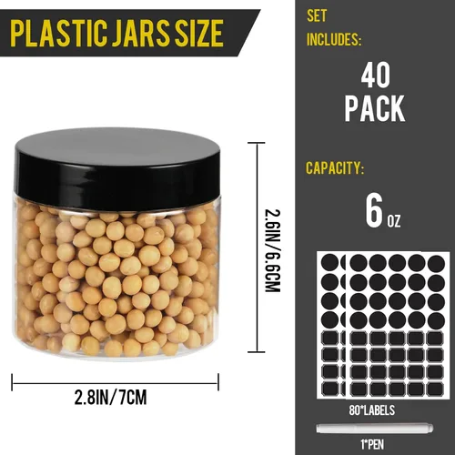 Miniatura 2 de Paquete de 40 tarros de plástico con tapas negras de 6 onzas, recipientes redondos de plástico de 6 onzas, tarros de cosméticos transparentes