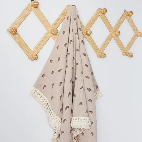 Miniatura 4 de Manta de muselina de algodón insular para bebé con borla, manta de muselina boho bohemio para bebé con borla, manta de recepción para bebé con Arco