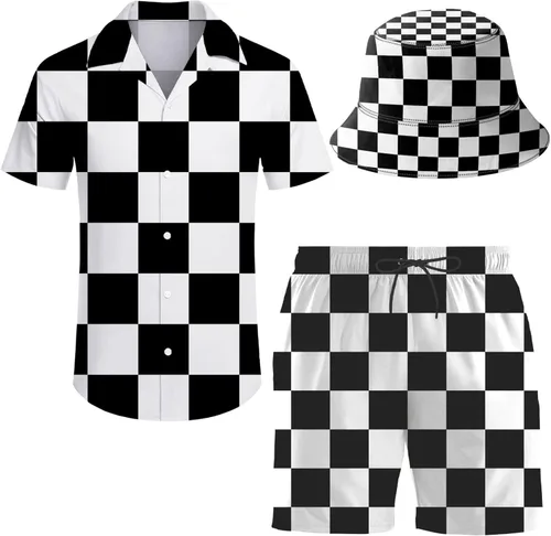 ifamawlea Conjunto de 2 piezas para hombre, camisa hawaiana, pantalones cortos, camisa con botones y pantalones cortos con sombreros de pescador