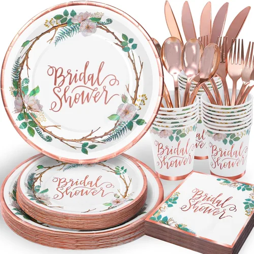 Decoraciones de Ducha Nupcial en Oro Rosa, 168 Piezas de Platos y Servilletas para Despedida de Soltera, Platos de Papel Florales para 24, El Amor
