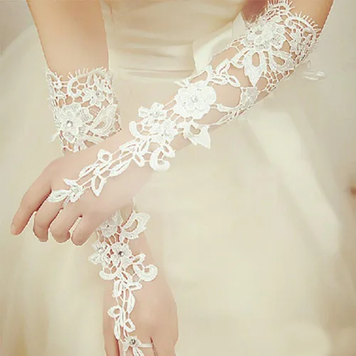 Miniatura 4 de JISEN Guantes de encaje de boda para mujer, regalo formal para banquete, fiesta, sin dedos, Blanco