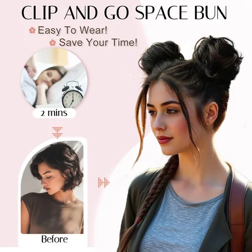 Miniatura 3 de Extensiones de moño espacial para mujer, 2 piezas de extensiones de moño de cabello falso natural, clip de garra, moño de pelo sintético