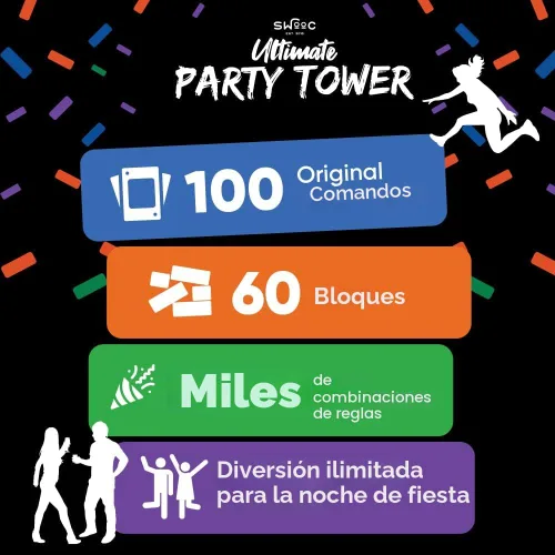 Miniatura 5 de SWOOC Games - Ultimate Party Tower™ - 100 Comandos Originales, 60 Bloques, y Miles de Divertidas Combinaciones de Reglas - Una Vuelta Divertida a