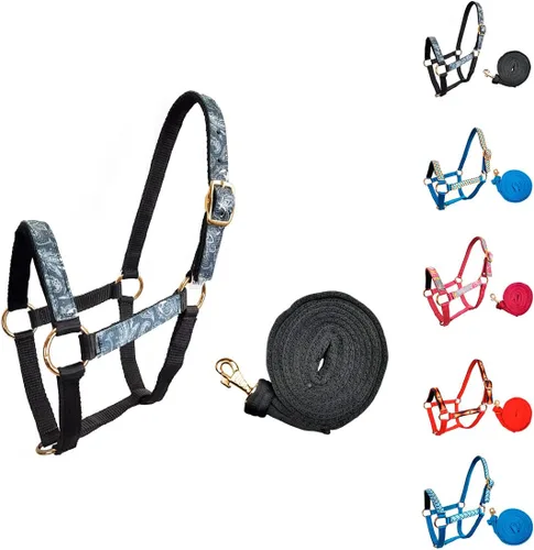 Miniatura 8 de Tahoe Tack Arnes de nylon mini con patrón para caballo con muserola acolchada y cuerda de nailon de agarre suave de 7' - Garantía de 6 meses