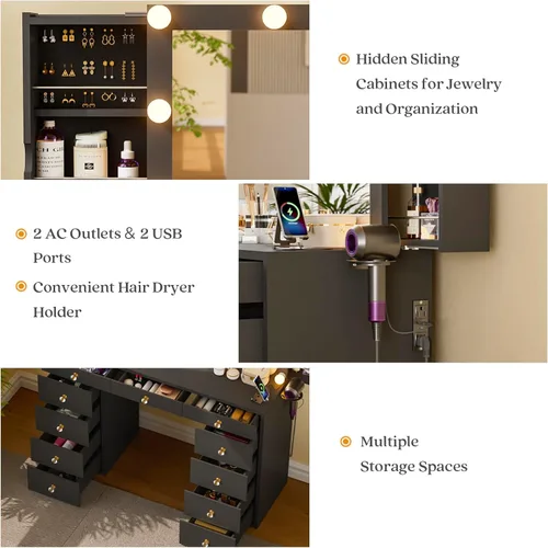 Miniatura 4 de Likein Escritorio de tocador con espejo y luces, tocador negro con gabinete de almacenamiento de joyas oculto, estación de carga, 11 cajones