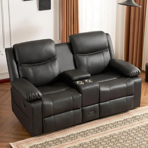 Miniatura 9 de Sofá biplaza reclinable manual con soporte ajustable de 360°, almacenamiento de consola central con carga tipo C y USB, reposacabezas ajustable