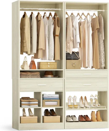 Miniatura 8 de Unikito Organizador de armario de 25 pulgadas de ancho x 80 pulgadas de alto, con barra para colgar y 2 cajones de madera, zapatero ajustable