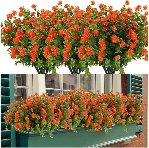 Flores artificiales para exteriores, flores sintéticas para macetas de exterior, flores exteriores que se ven reales (14 unidades, naranja)