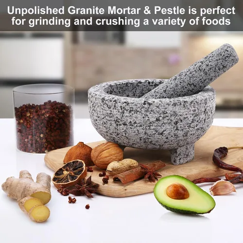 Miniatura 2 de Juego de mortero y mortero, tazón de molinillo de granito sin pulir de 6 pulgadas, 2 tazas para hierbas, pastas de pesto y condimentos, molinillo