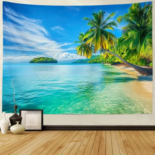 Miniatura 2 de Serborlur Tapiz para colgar en la pared con fondo de playa azul y mar, tapiz de pared tropical paraíso palmera, arte de pared, tapiz bohemio