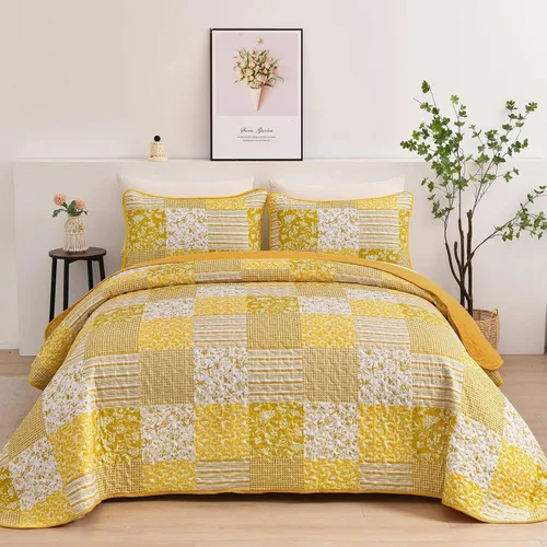 Miniatura 38 de Mybedsoul Juego de edredón bohemio beige tamaño individual, juego de colcha floral a cuadros de 3 piezas, juego de ropa de cama reversible