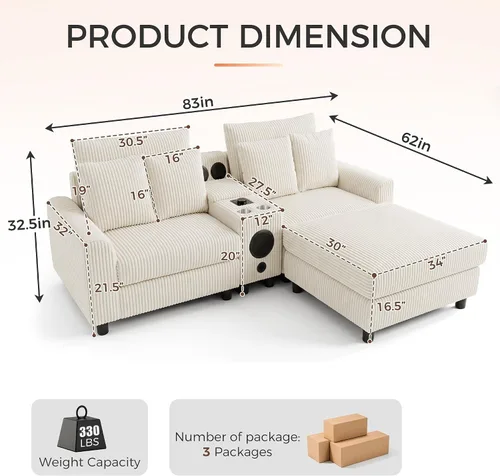 Miniatura 2 de MAKIAAP Sofá modular de pana de 83 pulgadas con altavoces, cómodo sofá biplaza de asiento profundo con otomana móvil, consola, cargador USB, Beige
