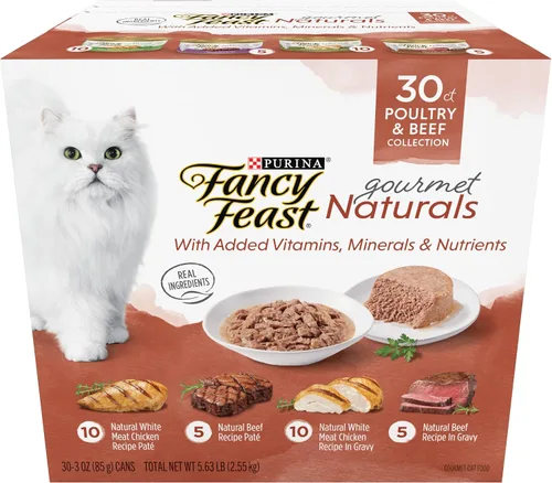 Purina Fancy Feast Gourmet Naturals - Paquete surtido de alimentos húmedos para gatos, colección de aves de corral y carne de res, (paquete de 30