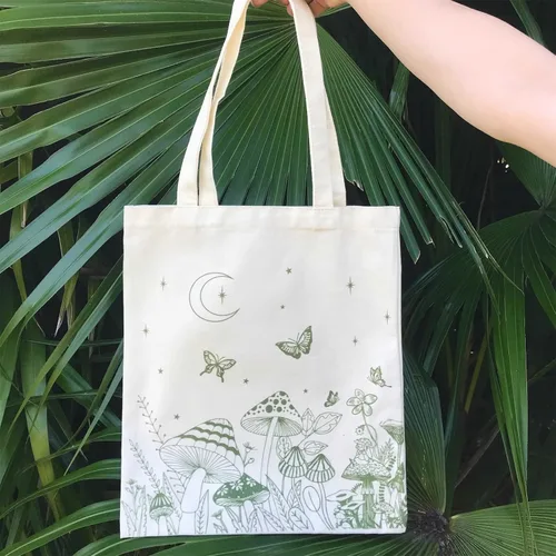 Miniatura 6 de THEYGE Bolsa de mano con diseño de hongos, estética, vintage, divertida, de lona de algodón, reutilizable, para compras, playa, bolsa de hombro Verde