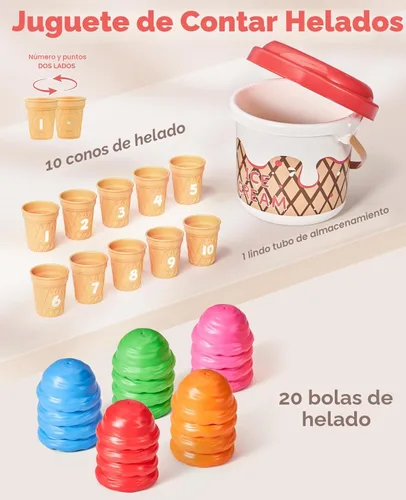 Miniatura 3 de JoyCat Juego de actividades de aprendizaje preescolar para helados, conteo y clasificación de colores, juguetes apilables para niños de 1 a 5 años