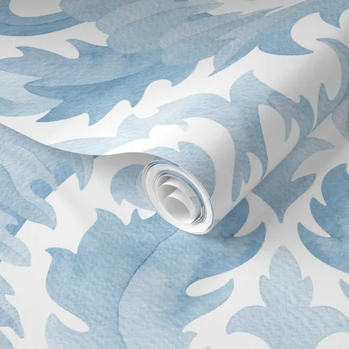 Miniatura 2 de Muestro de papel tapiz extraíble – Acuarela Damasco Botánico Floral Azul Claro Monocromo Clásico Barroco Hoja de Acanto Papel pintado personalizado