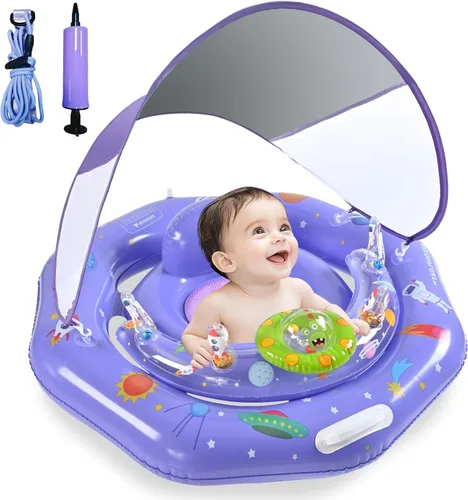 Miniatura 10 de Flotador de piscina para bebé con toldo y consola de juguetes, asiento seguro ajustable, parasol UPF50+ extraíble, flotador de piscina infantil