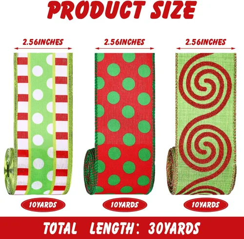 Miniatura 4 de 3 rollos de cinta de Navidad con alambre de 30 yardas, cinta de envoltura de Navidad roja y verde lima, 2.56 pulgadas de ancho, cintas de tela
