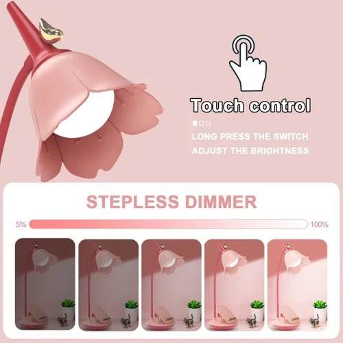 Miniatura 5 de Lámpara de escritorio rosa con abrazadera, lámpara LED pequeña recargable, cuello de cisne ajustable, regulable, linda para dormitorio de niñas