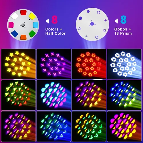 Miniatura 2 de U`King Luces de Cabeza Móvil con Haz de 150W, Prisma de 18 Facetas, Estroboscópico/Haz/Foco/Iluminación de Escenario Wash, 8 Gobos y 8 Colores, Foco