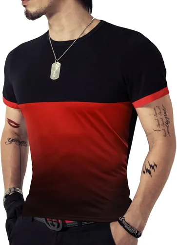 kuboyee Mens Slim Fit Cotton T-Shirt Short Sleeve Crew Neck Contrast Gradient Color Stitching Tops Fashion Shirts Casual Tee
