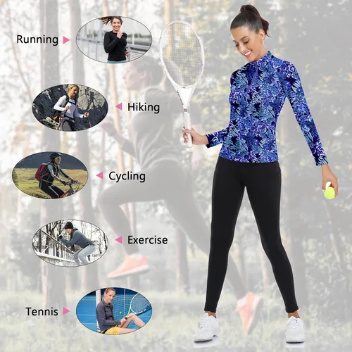 Miniatura 81 de WOWENY Camiseta deportiva de manga larga para mujer, con cremallera de un cuarto, cuello para entrenamiento, camiseta de tenis con estampado