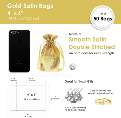 Miniatura 4 de Bolsas de regalo de satén dorado de 4" x 6" pulgadas, bolsas de joyería, bolsas de favor de boda con cordón, baby shower, Navidad, 50 por paquete