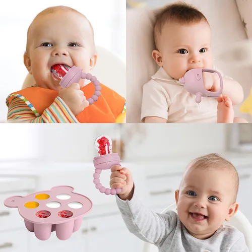 Miniatura 8 de Juego de alimentador de frutas y alimentos 3 en 1 para bebés, molde de paletas de leche materna con bandeja congeladora, juguete para aliviar