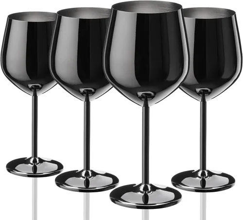 WOTOR Juego de 4 copas de vino negras, copas de vino de acero inoxidable de 18 onzas, irrompibles y portátiles, copas de vino de metal con tallo