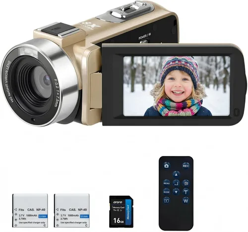 ORDRO Videocámara Full HD 1080P 30FPS | Zoom digital 18X y visión nocturna | Pantalla abatible de 3.0 pulgadas 270° | Incluye tarjeta de 16 GB,