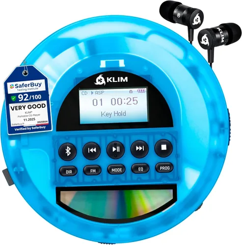 KLIM Nomad Transparente Azul - Reproductor de CD portátil Walkman con batería de larga duración - Incluye auriculares - Discman reproductor de MP3 -