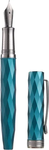 HONG DIAN N11 Pluma estilográfica, punta extrafina suave recubierta de titanio en color negro, diseño geométrico azul pavo real y rombo con estuche