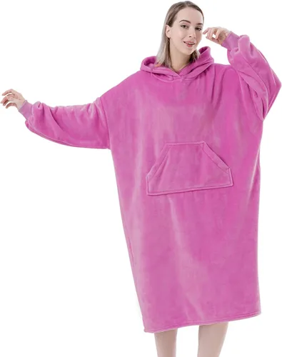 Miniatura 10 de Sioloc - Manta con capucha ponible para mujeres/niños/hombres, sudadera con capucha extragrande y acogedora forrada en sherpa (rosa, larga)