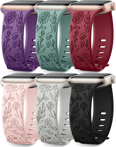 Miniatura 19 de SNBLK Paquete de 6 correas florales grabadas compatibles con Apple Watch de 40mm 41mm 42mm 38mm 44mm 45mm 46mm 49mm, mujeres y hombres, correa