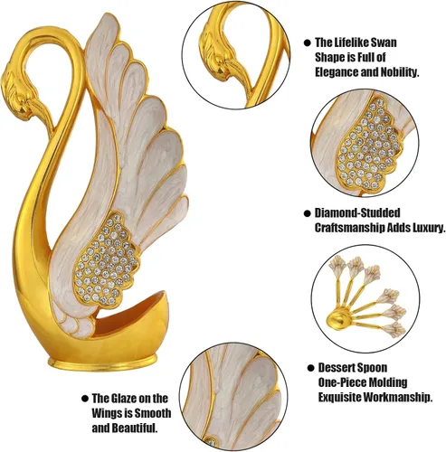Miniatura 7 de Soporte de base de cisne con 6 cucharas de postre de café, organizador de cucharas de café de metal, cucharadita de fruta, postre, cubiertos