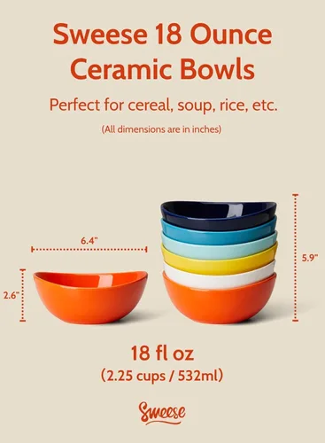 Miniatura 2 de Sweese Tazón mediano de porcelana de 18 onzas – Juego de 6 cuencos de cerámica para servir cereales, postres, sopa, arroz y ensalada